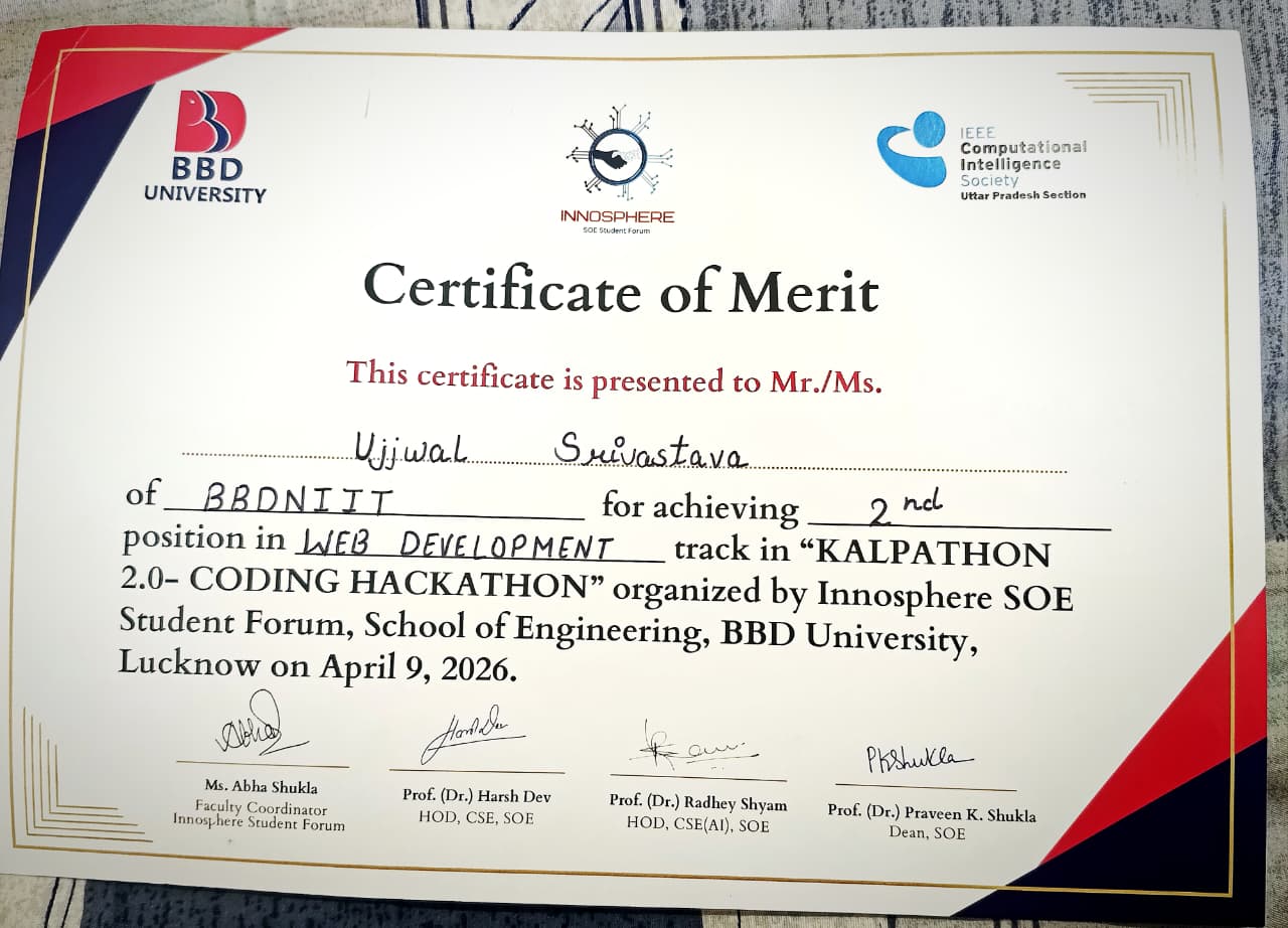 Kalpathon 2.0 Coding Hackathon Certificate of Merit